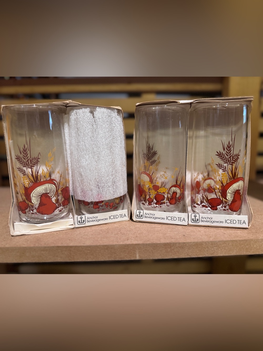Vintage Anchor Hocking Glass Tumblers with Red & Yellow Floral Mushroom Motif